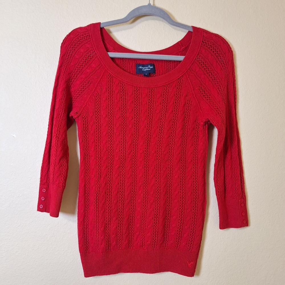 American Eagle Sweater Y2K Red Holiday Christmas Cable Knit Fisherman Size Small